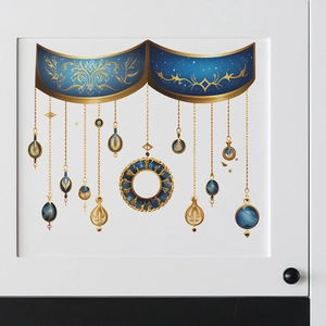 Detailed view of ornate blue and gold wall sticker with elegant gem pendant designs