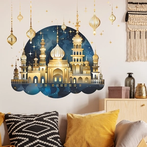 Detail of golden mosque wall sticker with hanging lamps and stars for living room decor
