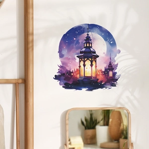 Dreamy purple street lamp wall sticker with starry sky and moon silhouette design