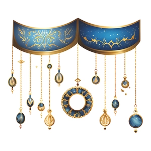 Blue and gold Middle Eastern style hanging wall decor with metallic chains and pendants