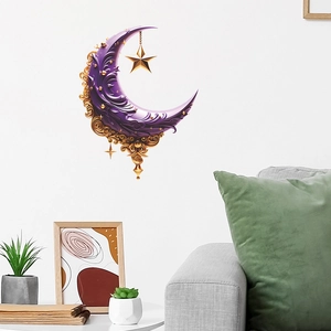 Creative purple embossed crescent moon wall sticker with golden star for home decor