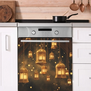 Golden chandelier oven door sticker with warm glowing lights and starry sky theme