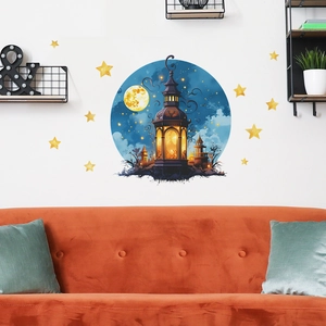 Round castle lantern wall decal with star stickers on a white living room wall decor