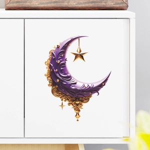 Detail of purple moon wall sticker with gold floral relief and star on white cabinet