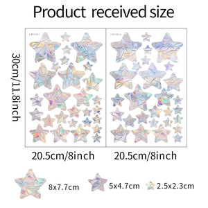 Detailed size guide for star rainbow laser window stickers showing exact dimensions