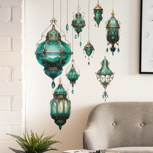 Exotic green hanging lantern wall stickers with bronze metal frames for home wall decor