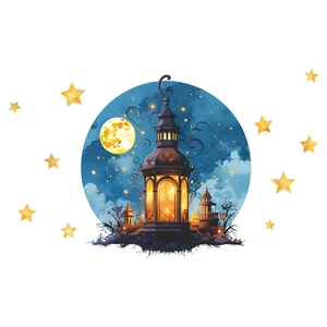 Luminous Ramadan lantern with gold moon and stars wall sticker for room decoration