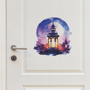 Detail view of purple lantern wall sticker with moon and stars on a white wooden door