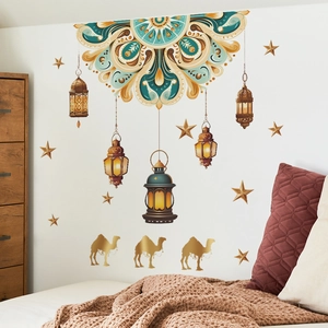 Mandala wall stickers with golden camels and lanterns for Ramadan festival bedroom decoration
