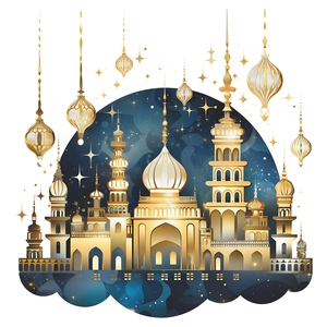 Golden Eid Ramadan castle wall sticker with hanging lanterns and stars on a starry background