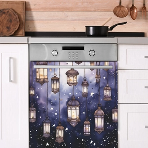 Macro detail of purple night sky stickers with star lanterns on a kitchen appliance door