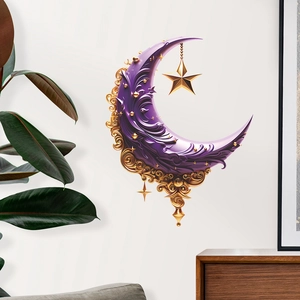 Purple crescent moon wall sticker with gold relief patterns and hanging gold star decor