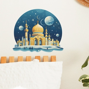 Starry night mosque wall sticker with golden dome and stars in a bedroom setting