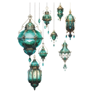 Retro emerald green glass pendant lights with gold floral frames and crystal droplets