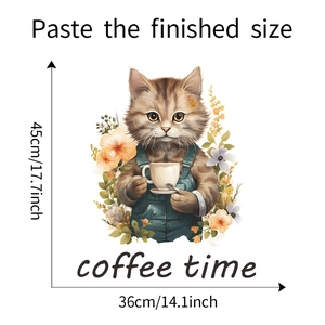 Detailed wall sticker featuring a cartoon cat with coffee time text and size measurements