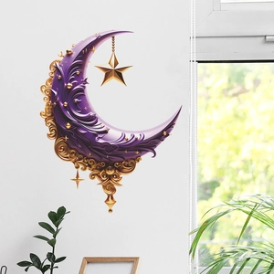 Creative Purple Crescent Moon Star Wall Sticker 3D Effect Baroque Floral Printed PVC Decal For Bedroom Living Room Decor