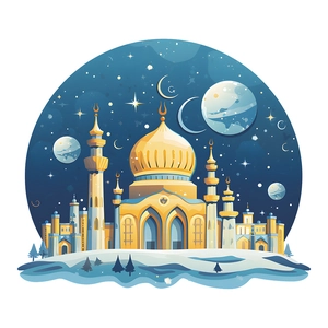 Artistic Islamic mosque wall sticker with golden dome and moon in starry night sky