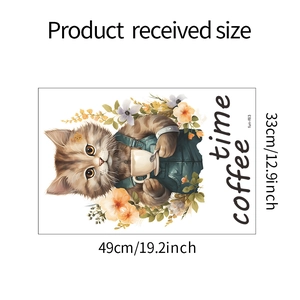 Detailed view of coffee time cat wall sticker showing product dimensions 49x33cm