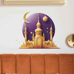 Détail du sticker mural mosquée 3D avec lune violette et étoiles dorées en chambre