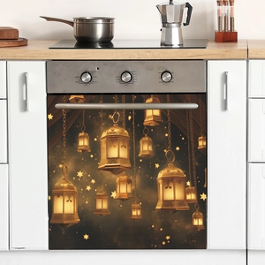 Detail showing self-adhesive Ramadan golden lanterns sticker on a kitchen oven door