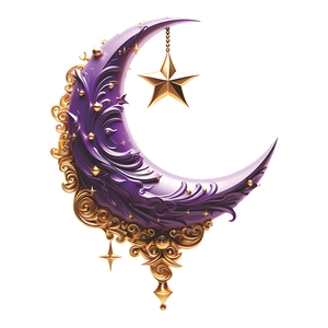 Purple embossed crescent moon wall sticker with gold floral lace and hanging star decor