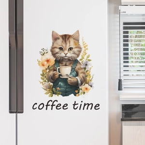 Detail of cartoon cat wall sticker with coffee time lettering on a white fridge door