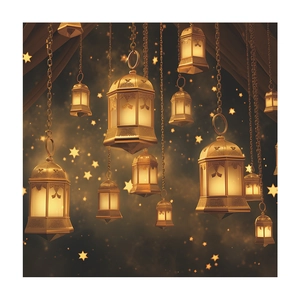 Exotic Ramadan pendant lanterns with intricate cutout patterns and warm glowing light