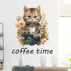 Cute cartoon cat coffee time wall sticker with warm floral decor for home kitchen
