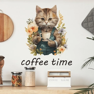 Cartoon cat wall sticker with coffee time text for cozy kitchen and cafe wall decor