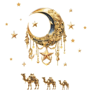 Golden Ramadan moon wall decor with 3D embossed camel statues for Middle East home styling