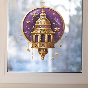 Ramadan Kareem purple round wall sticker with golden lantern and stars decor