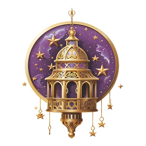 Golden Ramadan lantern and crescent moon hanging wall sticker with purple star sky design