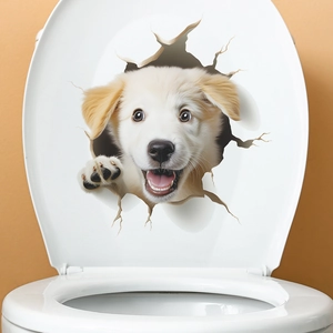 3D realistic puppy breaking through toilet wall sticker, creative bathroom decor decal