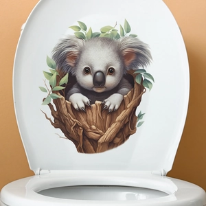 3D cartoon koala wall sticker on a white toilet lid featuring cute animal and green leaves