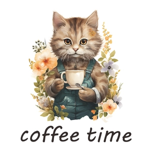 Cartoon cat in denim overalls holding coffee cup wall sticker for home coffee time decor
