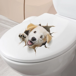 Realistic 3D golden retriever puppy wall sticker with creative broken effect on toilet lid
