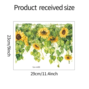 Detailed dimensions of sunflower and green leaf wall sticker measuring 29cm by 23cm