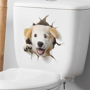 3D realistic golden puppy dog toilet sticker for creative bathroom wall decoration