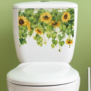 Waterproof Sunflower Green Leaves Toilet Sticker Removable PVC Floral Wall Decal For Bathroom Toilet Seat Decoration Home Decor