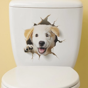3D realistic broken wall white puppy sticker for bathroom toilet and home wall decor