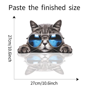 Detail showing cartoon grey tabby cat wall sticker with sunglasses and dimension guide