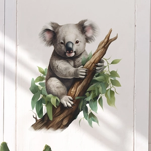 Cartoon koala on tree branch wall sticker for kids room nursery decor on wood background
