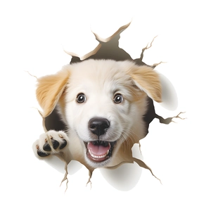 3D realistic puppy breaking through wall sticker for creative bathroom and toilet decoration
