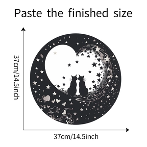 Detail showing wall sticker dimensions 37cm featuring black cats heart and stars design
