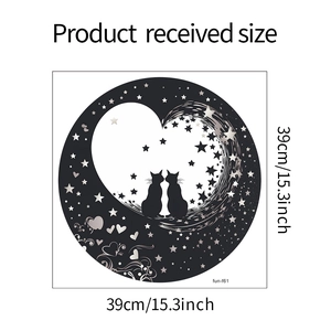 Detail showing the 39cm x 39cm dimensions of the black cat heart wall sticker decal
