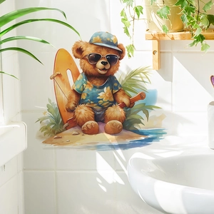 Aquarell Teddybär Wandtattoo mit Surfbrett für Kinderzimmer Wanddekoration