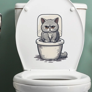 Autocollant de Siège de Toilette Chat Gris en Colère Drôle PVC Imperméable Décoration Murale de Salle de Bain pour WC