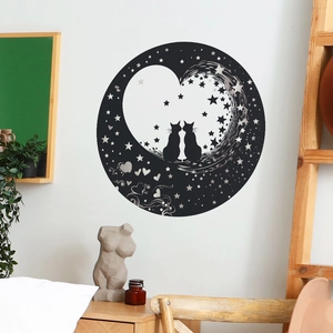 Artistic black cat silhouettes wall sticker with heart and starry sky elements for home decor