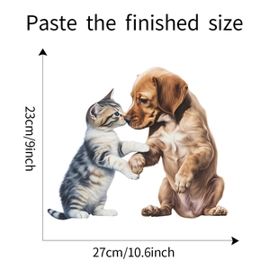 Macro view of cartoon cat and dog toilet sticker showing 23x27cm dimensions