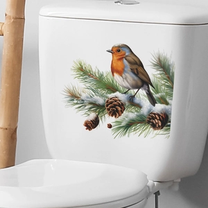 Winter robin bird and snowy pine branches decorative self-adhesive toilet wall sticker